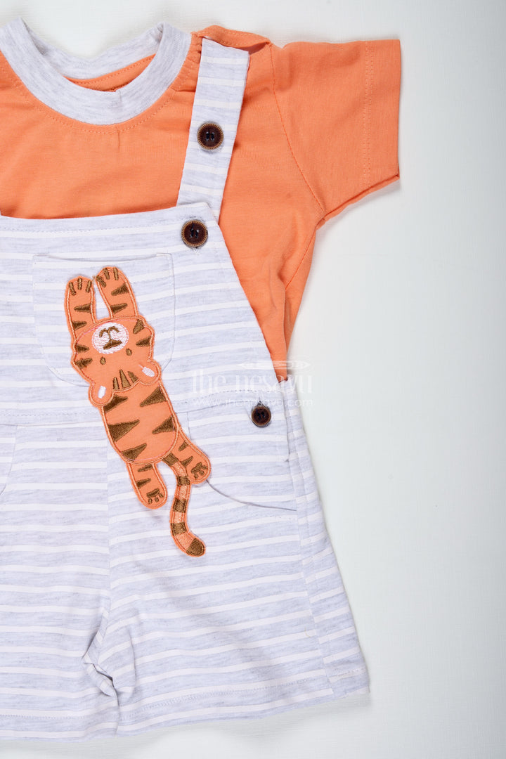 Boys Cotton Cute Casual Orange Dress with Striped Dungaree and Soft Tiger Embellishment