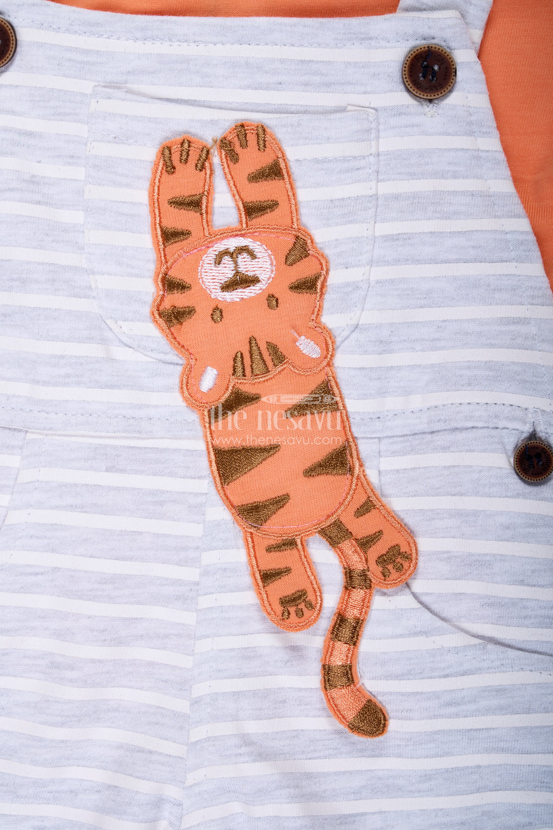 Boys Cotton Cute Casual Orange Dress with Striped Dungaree and Soft Tiger Embellishment