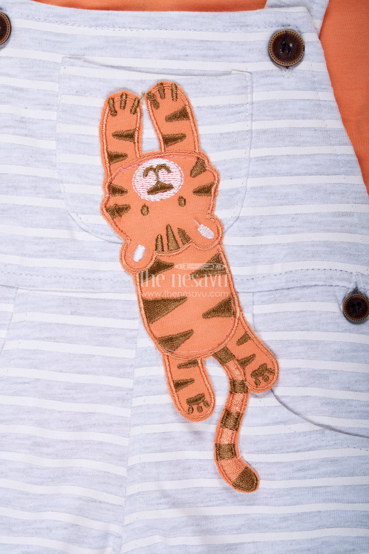 Boys Cotton Cute Casual Orange Dress with Striped Dungaree and Soft Tiger Embellishment