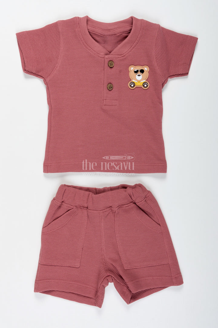Boys Cotton Waffle Knit Casual Top and Short Set with Pocket Detailing in Rust Tone for All Day Ease