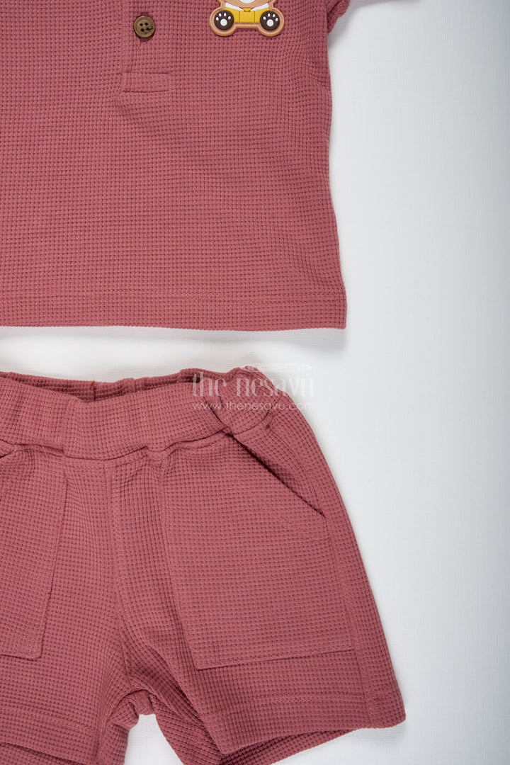 Boys Cotton Waffle Knit Casual Top and Short Set with Pocket Detailing in Rust Tone for All Day Ease