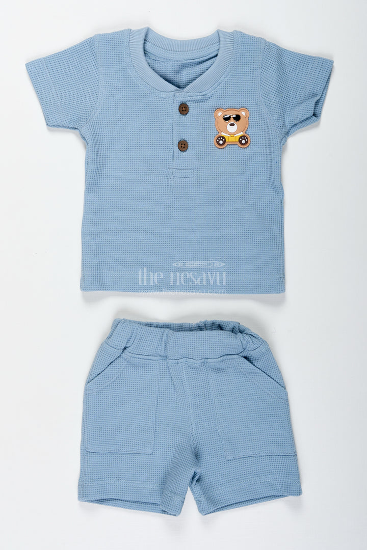 Boys Cotton Waffle Knit Blue Casual Summer Dress with Textured Tee and Matching Shorts for Lightweight Comfort