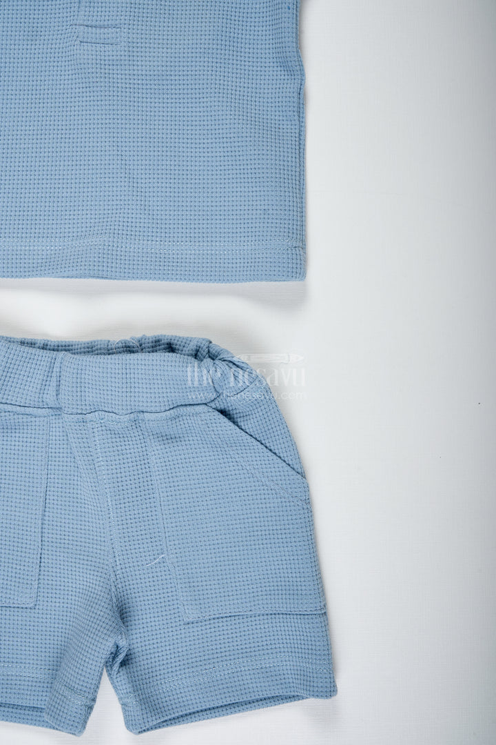 Boys Cotton Waffle Knit Blue Casual Summer Dress with Textured Tee and Matching Shorts for Lightweight Comfort
