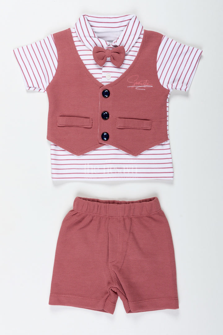 Boys Cotton Waffle Knit Peach Dress Casual with Striped Shirt and Buttoned Vest for Stylish Comfort
