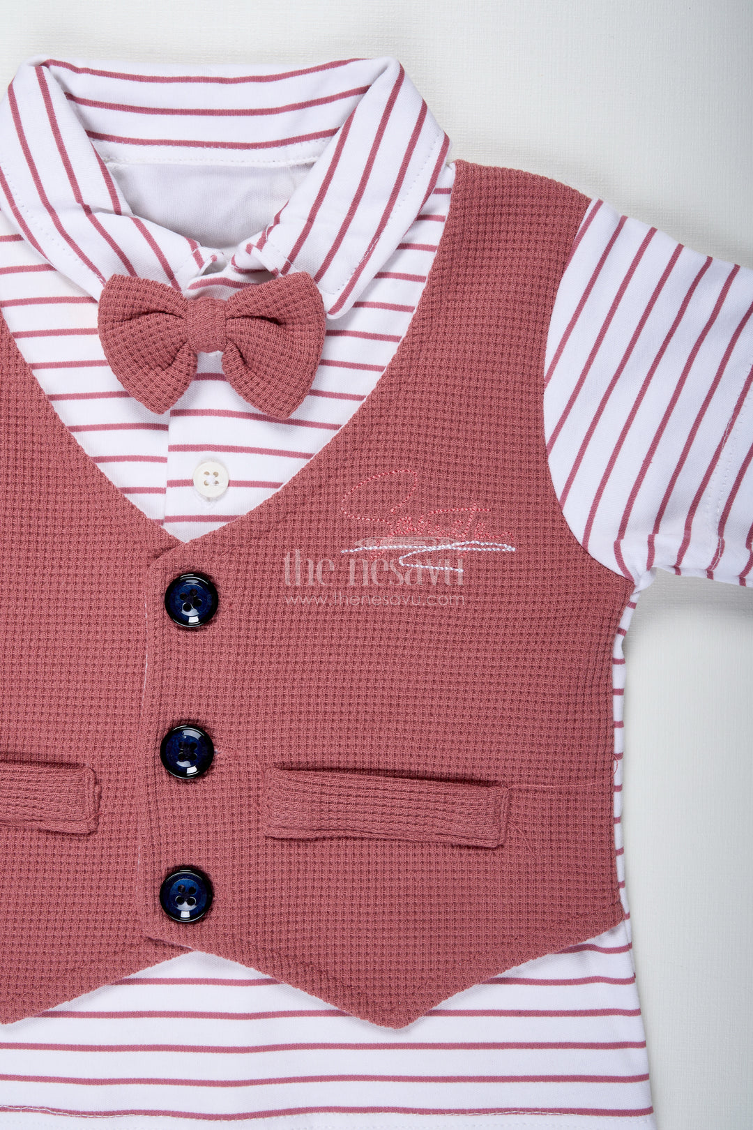 Boys Cotton Waffle Knit Peach Dress Casual with Striped Shirt and Buttoned Vest for Stylish Comfort