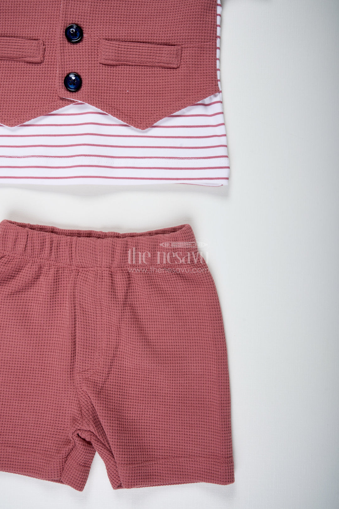 Boys Cotton Waffle Knit Peach Dress Casual with Striped Shirt and Buttoned Vest for Stylish Comfort