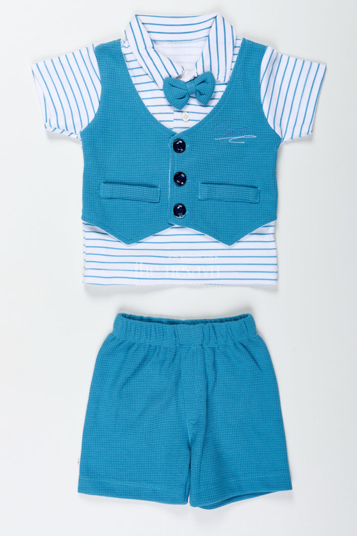 Boys Cotton Waffle Knit Blue Casual Set with Smart Vest and Striped Tee for Everyday Cool Style