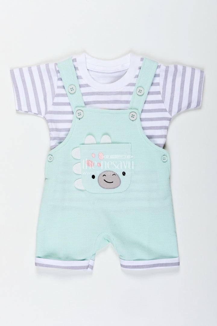 Boys Waffle Shirt and Shorts Set with Mint Green Dungaree and Smiley Face Patch for Playful Comfort