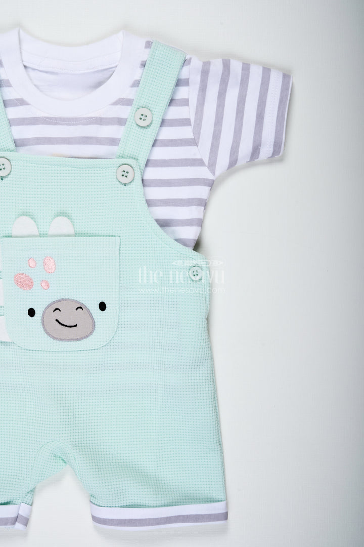 Boys Waffle Shirt and Shorts Set with Mint Green Dungaree and Smiley Face Patch for Playful Comfort