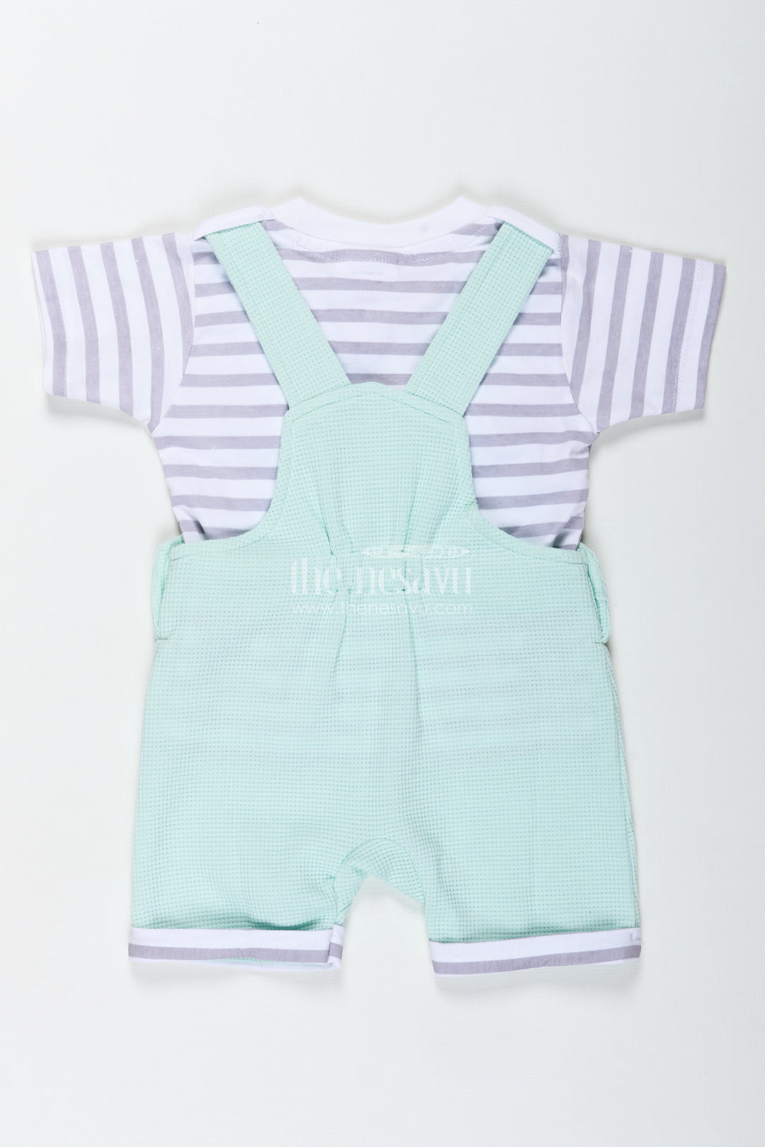 Boys Waffle Shirt and Shorts Set with Mint Green Dungaree and Smiley Face Patch for Playful Comfort
