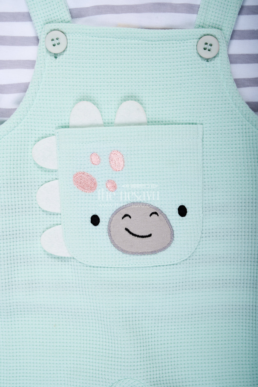 Boys Waffle Shirt and Shorts Set with Mint Green Dungaree and Smiley Face Patch for Playful Comfort