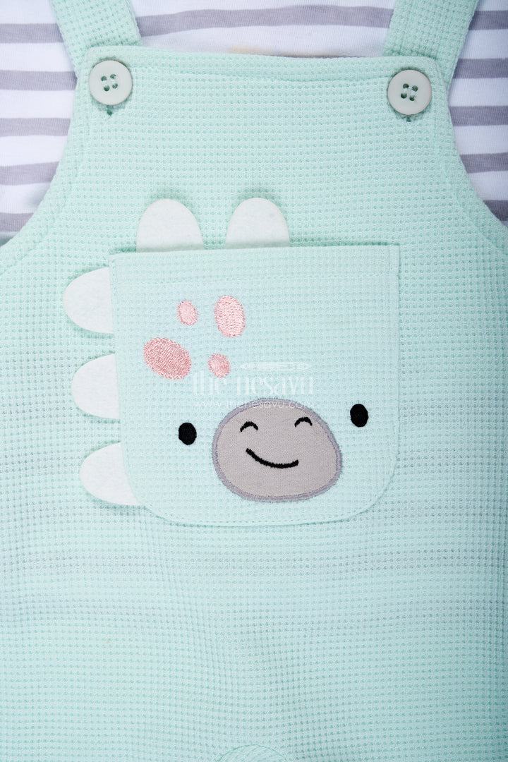 Boys Waffle Shirt and Shorts Set with Mint Green Dungaree and Smiley Face Patch for Playful Comfort