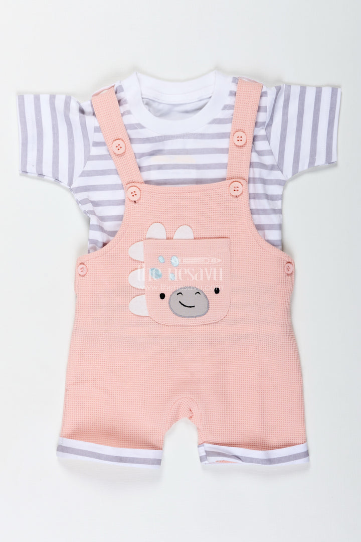 Boys Cotton Waffle Knit Peach Dress Casual Set with Striped Tee and Bear Face Dungaree for Everyday Play