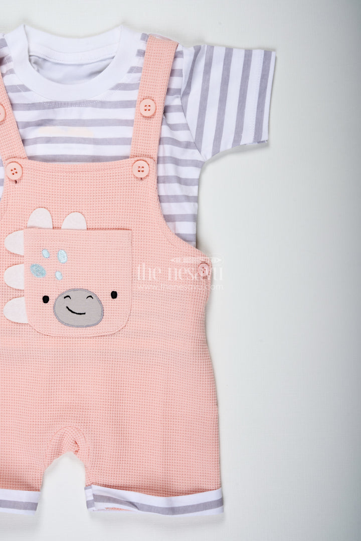 Boys Cotton Waffle Knit Peach Dress Casual Set with Striped Tee and Bear Face Dungaree for Everyday Play