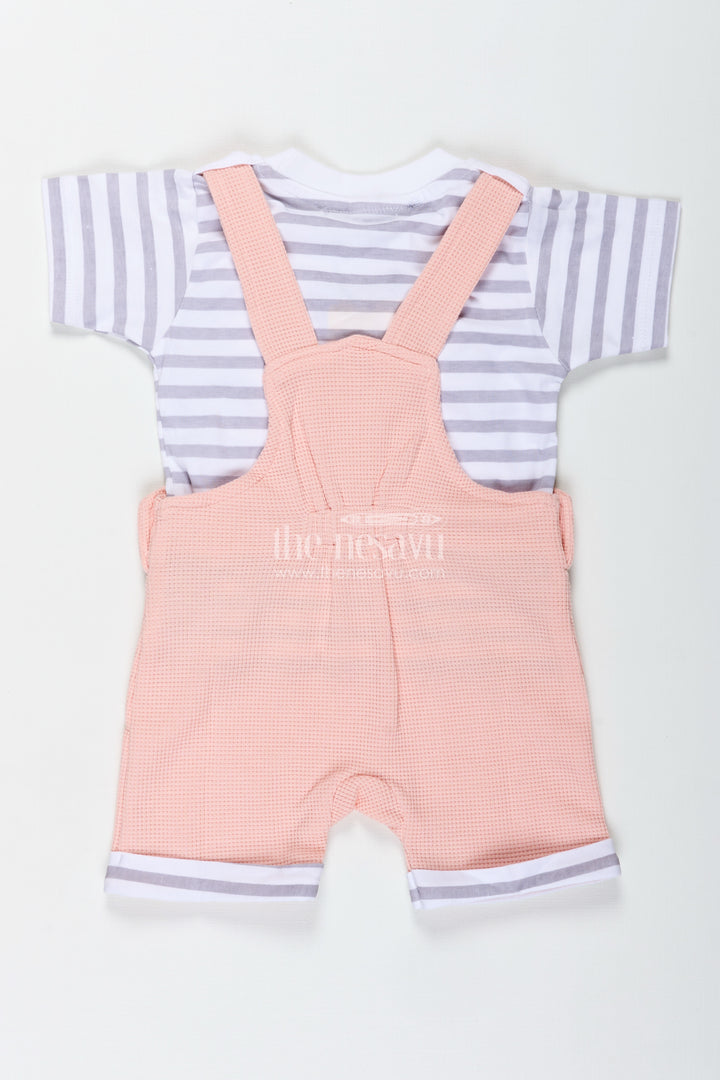 Boys Cotton Waffle Knit Peach Dress Casual Set with Striped Tee and Bear Face Dungaree for Everyday Play
