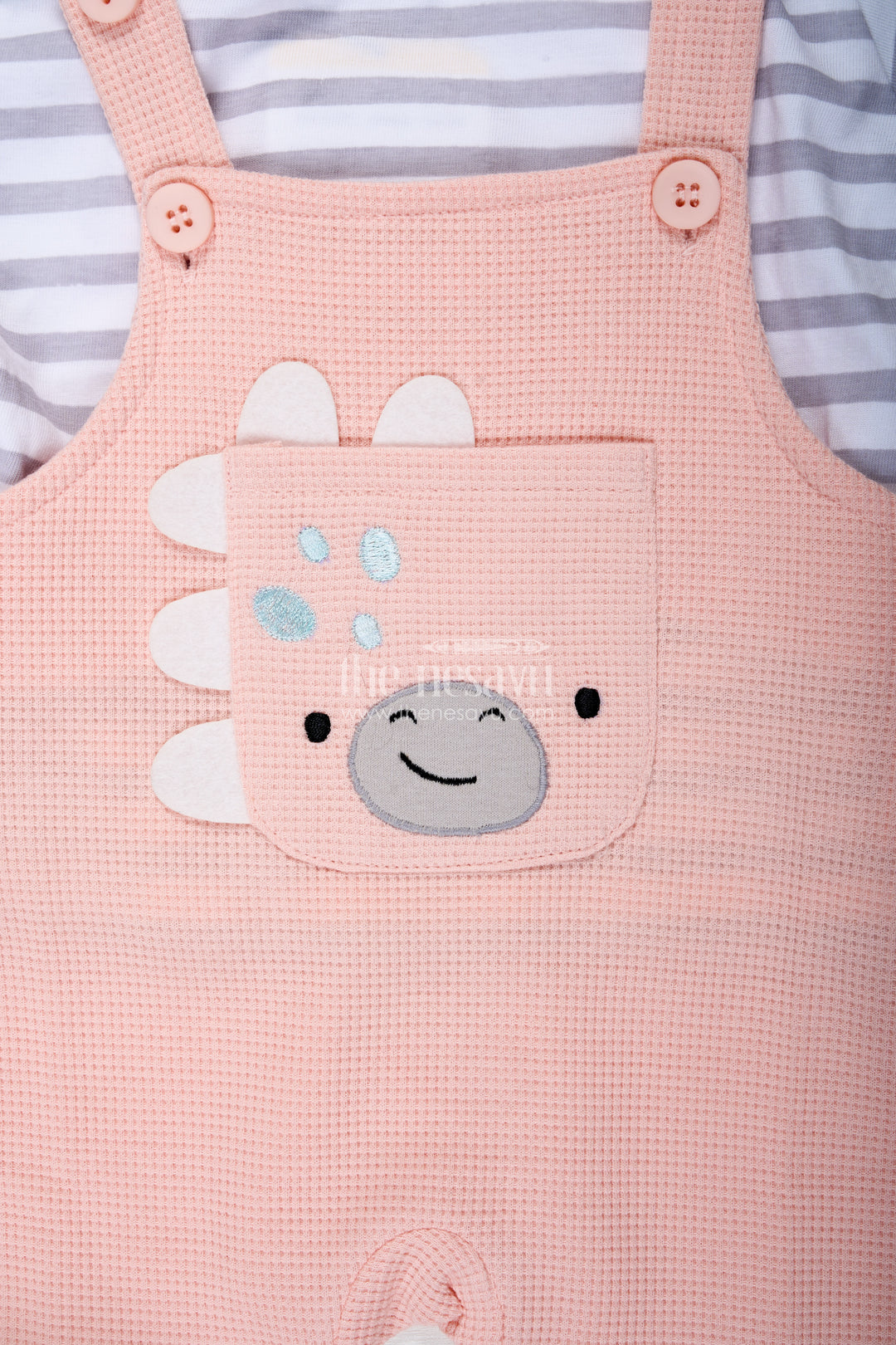 Boys Cotton Waffle Knit Peach Dress Casual Set with Striped Tee and Bear Face Dungaree for Everyday Play