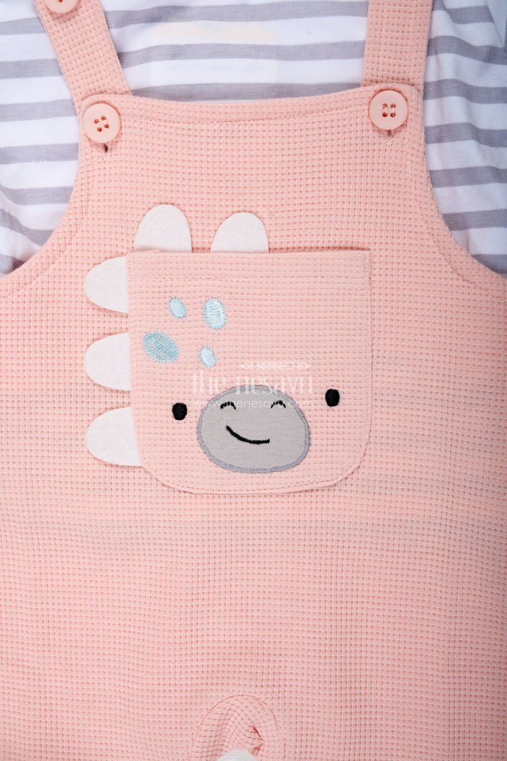 Boys Cotton Waffle Knit Peach Dress Casual Set with Striped Tee and Bear Face Dungaree for Everyday Play