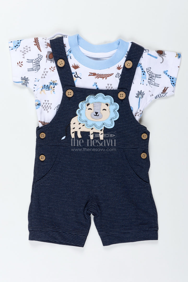 Boys Digital Printing T Shirts and Pant Set in Cotton Corduroy with Blue Overalls and Giraffe Patch for Creative Outfits