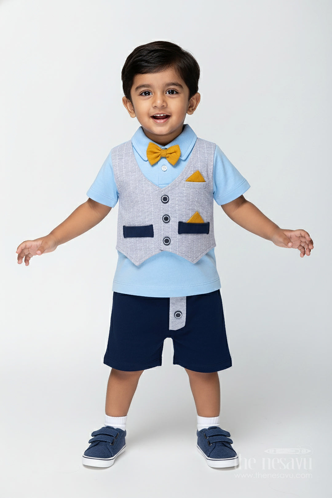 Boys Cotton Shirt and Shorts Set with Yellow Bow Tie and Textured Vest for Semi Formal Summer Style