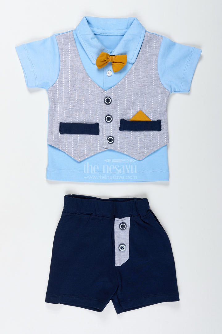 Boys Cotton Shirt and Shorts Set with Yellow Bow Tie and Textured Vest for Semi Formal Summer Style