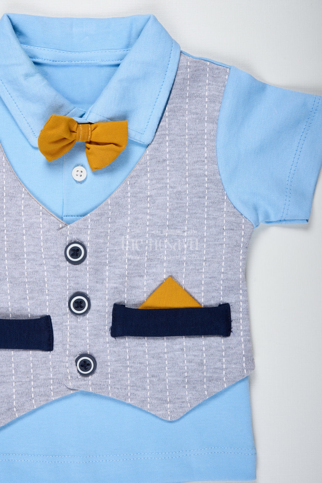 Boys Cotton Shirt and Shorts Set with Yellow Bow Tie and Textured Vest for Semi Formal Summer Style