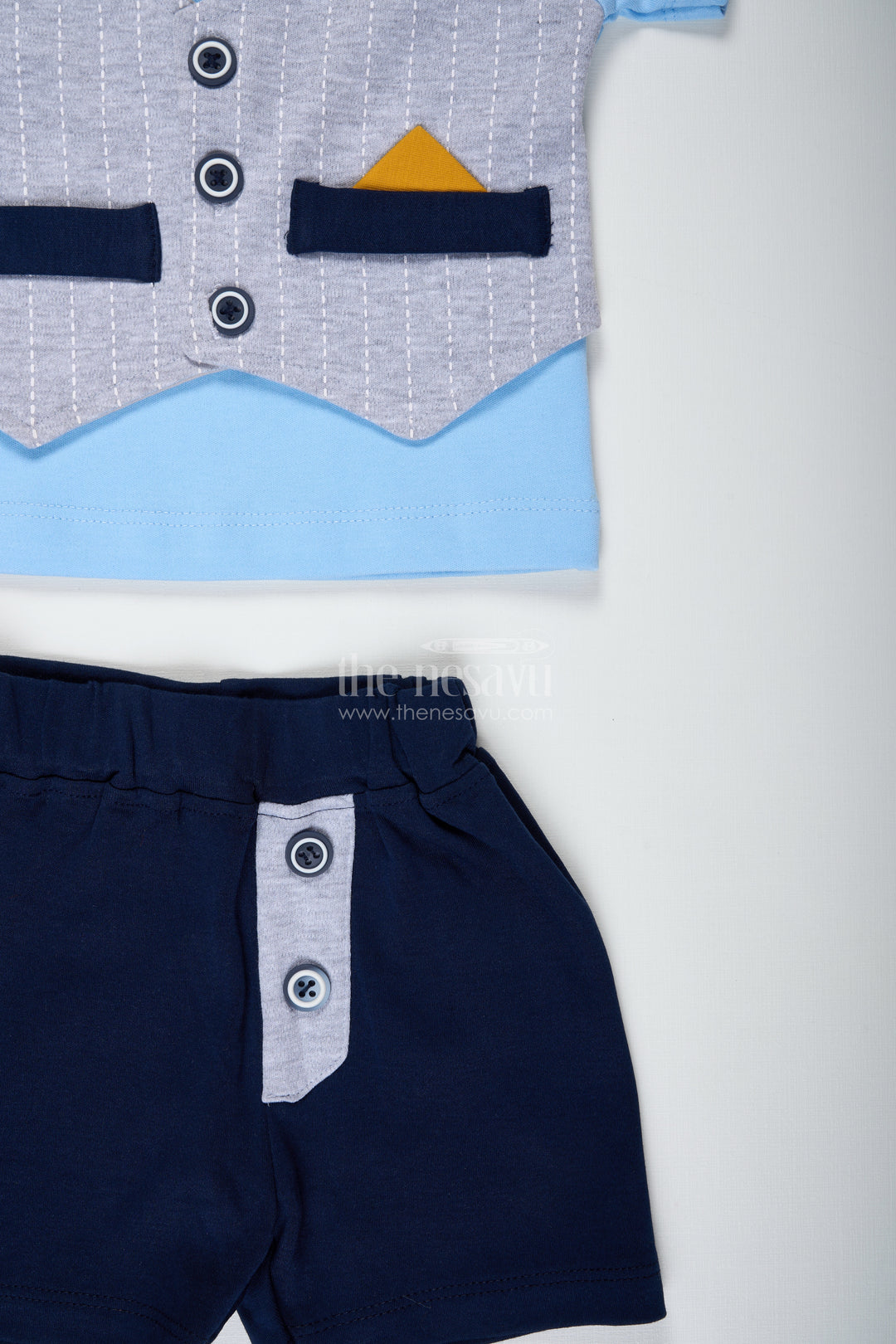 Boys Cotton Shirt and Shorts Set with Yellow Bow Tie and Textured Vest for Semi Formal Summer Style