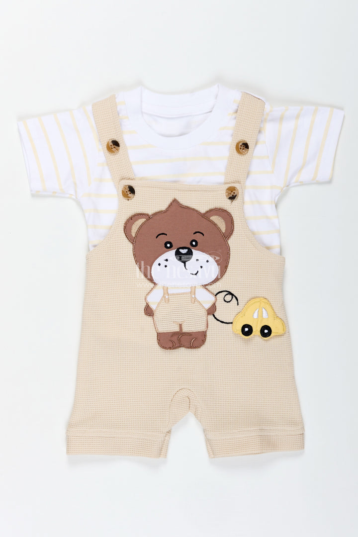 Boys Cotton Waffle Knit Summer Dress Casual Set with Teddy Dungaree and Striped Tee for Playful Comfort