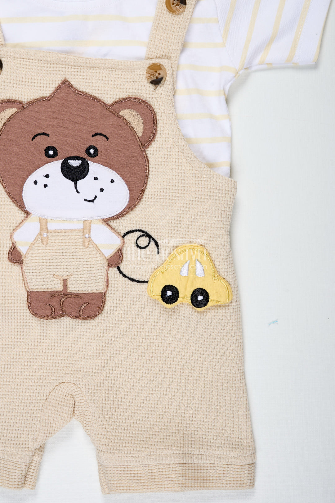 Boys Cotton Waffle Knit Summer Dress Casual Set with Teddy Dungaree and Striped Tee for Playful Comfort