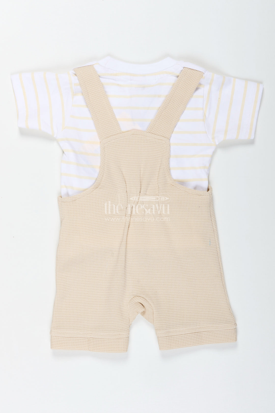 Boys Cotton Waffle Knit Summer Dress Casual Set with Teddy Dungaree and Striped Tee for Playful Comfort