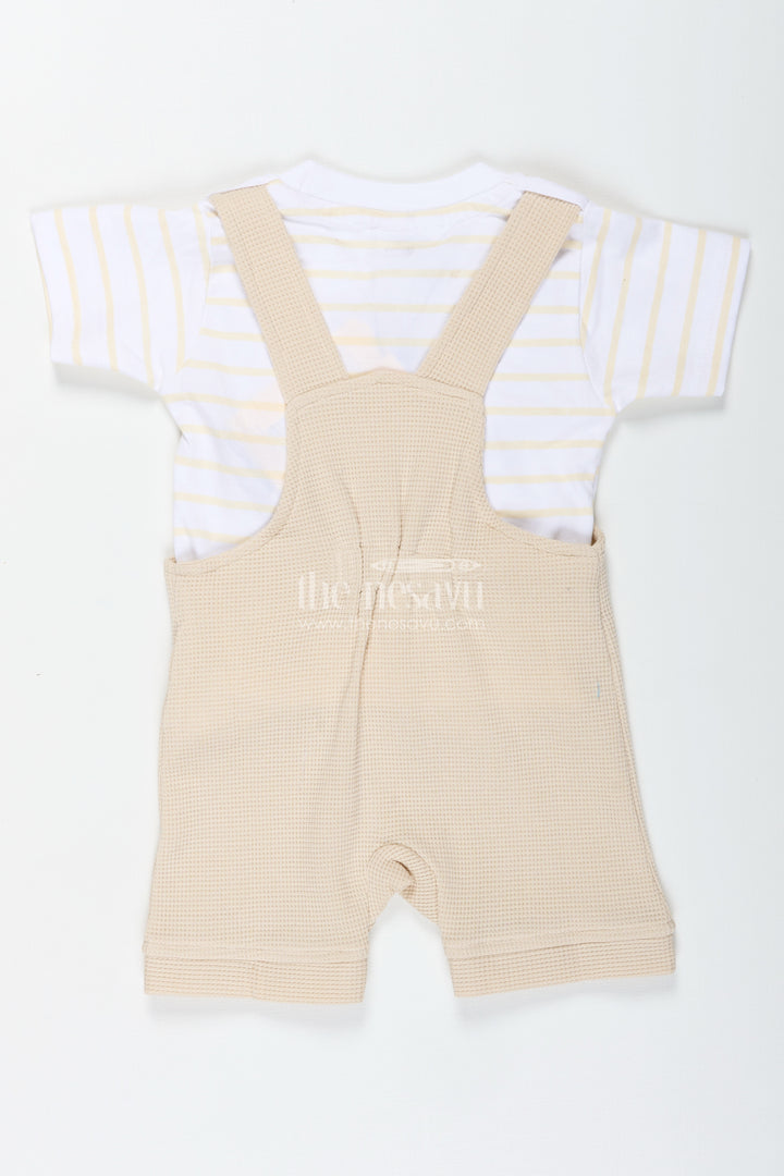 Boys Cotton Waffle Knit Summer Dress Casual Set with Teddy Dungaree and Striped Tee for Playful Comfort