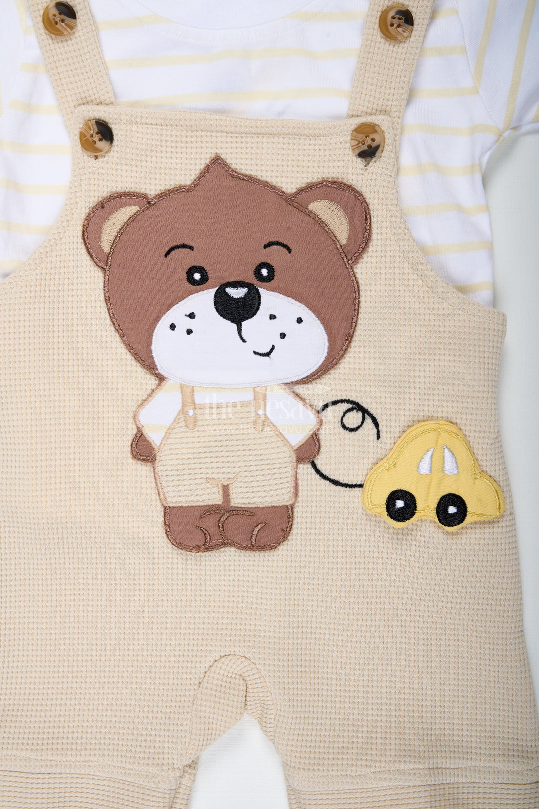 Boys Cotton Waffle Knit Summer Dress Casual Set with Teddy Dungaree and Striped Tee for Playful Comfort
