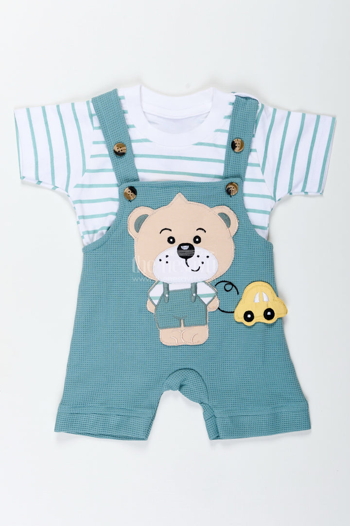 Boys Cotton waffle knit casual summer dresses cotton Set with Bear Design and Striped T Shirt