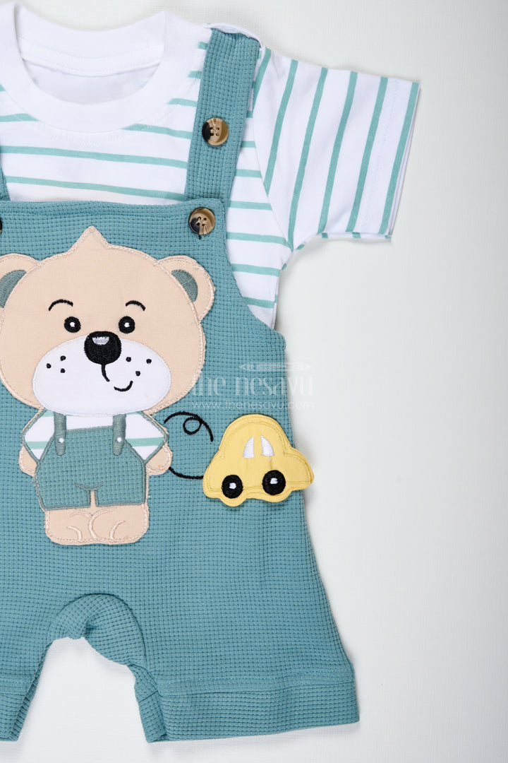 Boys Cotton waffle knit casual summer dresses cotton Set with Bear Design and Striped T Shirt