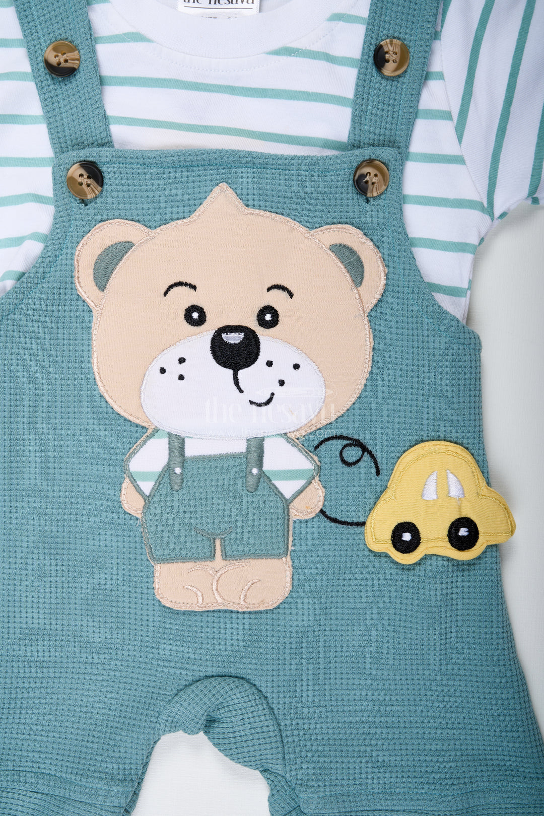 Boys Cotton waffle knit casual summer dresses cotton Set with Bear Design and Striped T Shirt
