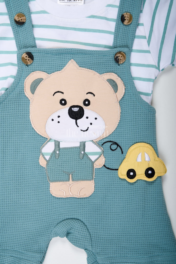 Boys Cotton waffle knit casual summer dresses cotton Set with Bear Design and Striped T Shirt