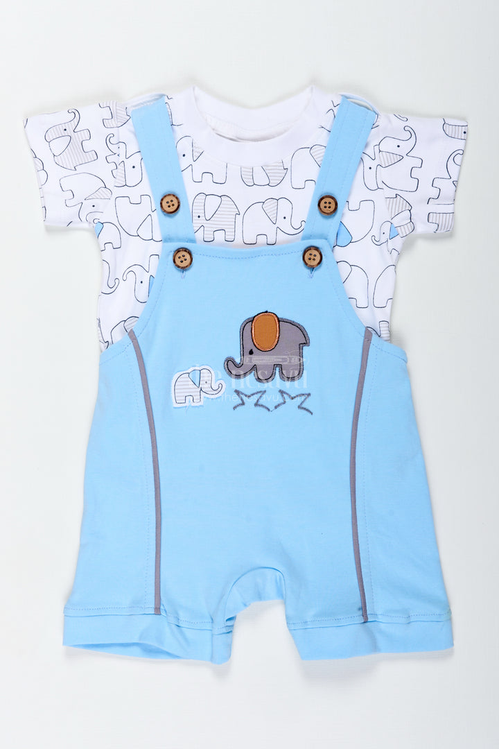 Boys Cotton blue casual dress with Elephant Print and Dungaree Style for Everyday Adventures