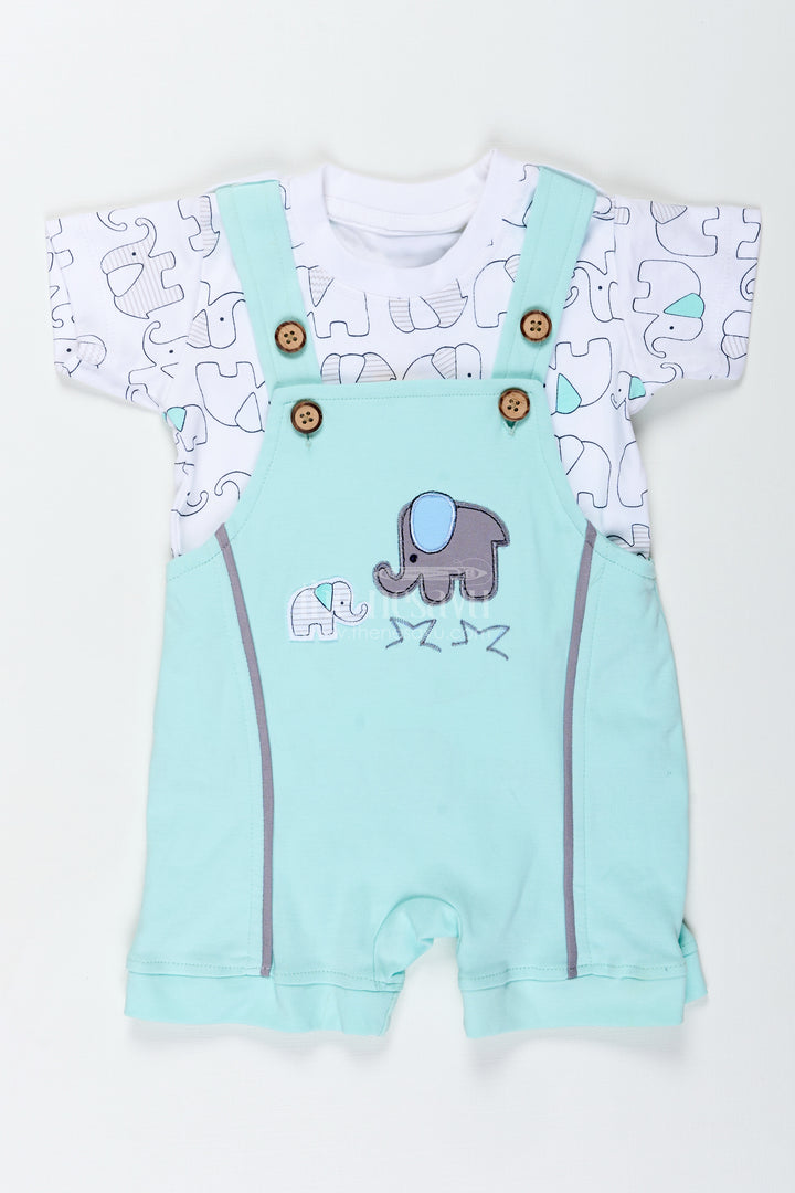 Boys Cotton green casual outfits with Elephant Embroidery and Printed T Shirt for Relaxed Daily Wear