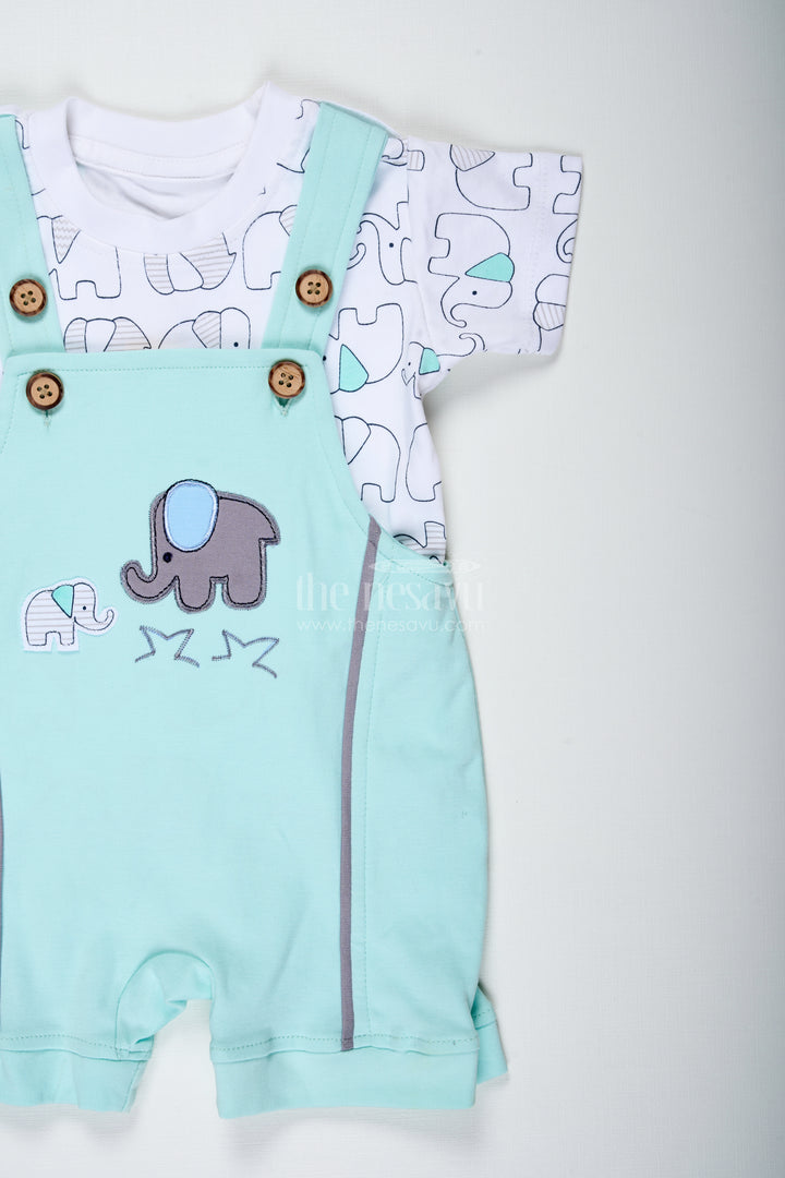 Boys Cotton green casual outfits with Elephant Embroidery and Printed T Shirt for Relaxed Daily Wear