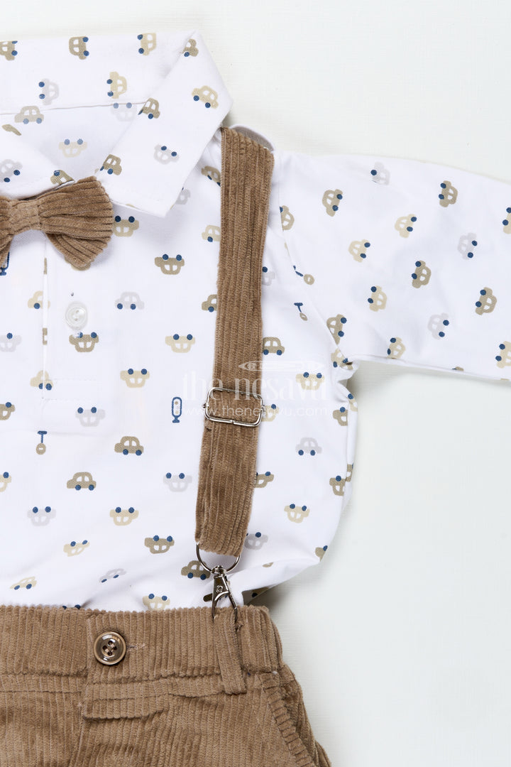Brown Shirt and Pant Set for Boys in Knitted Cotton Jersey with Corduroy Bottom and Classic Accessories