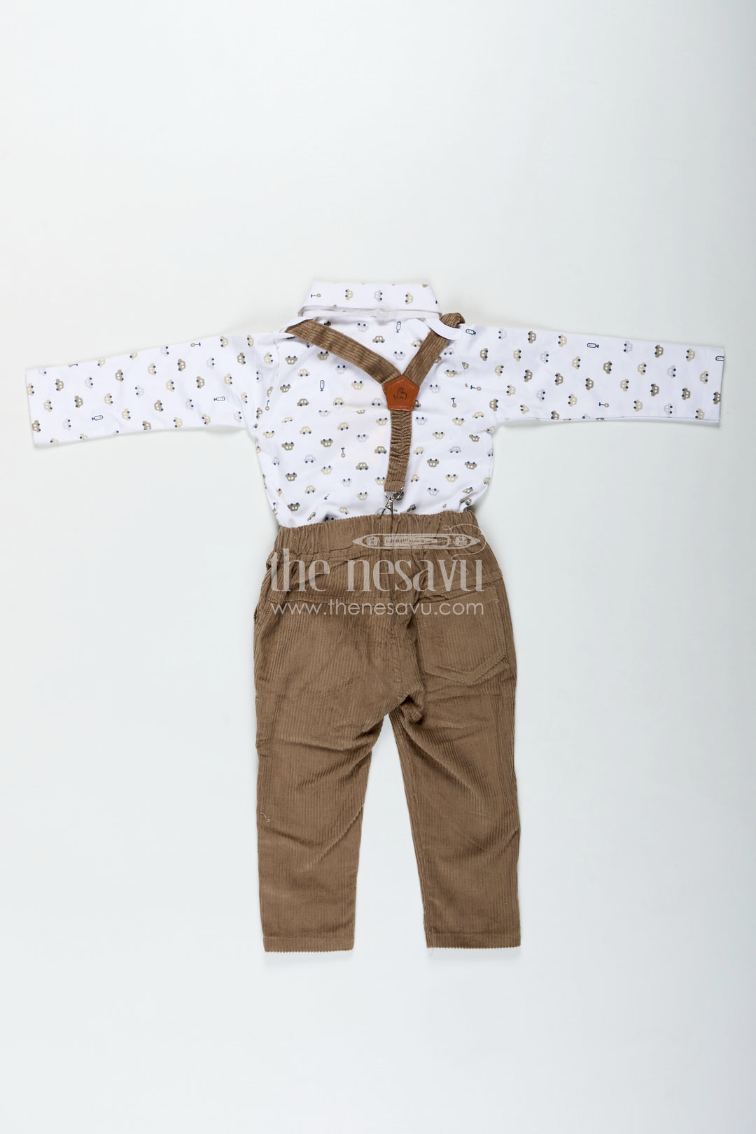 Brown Shirt and Pant Set for Boys in Knitted Cotton Jersey with Corduroy Bottom and Classic Accessories