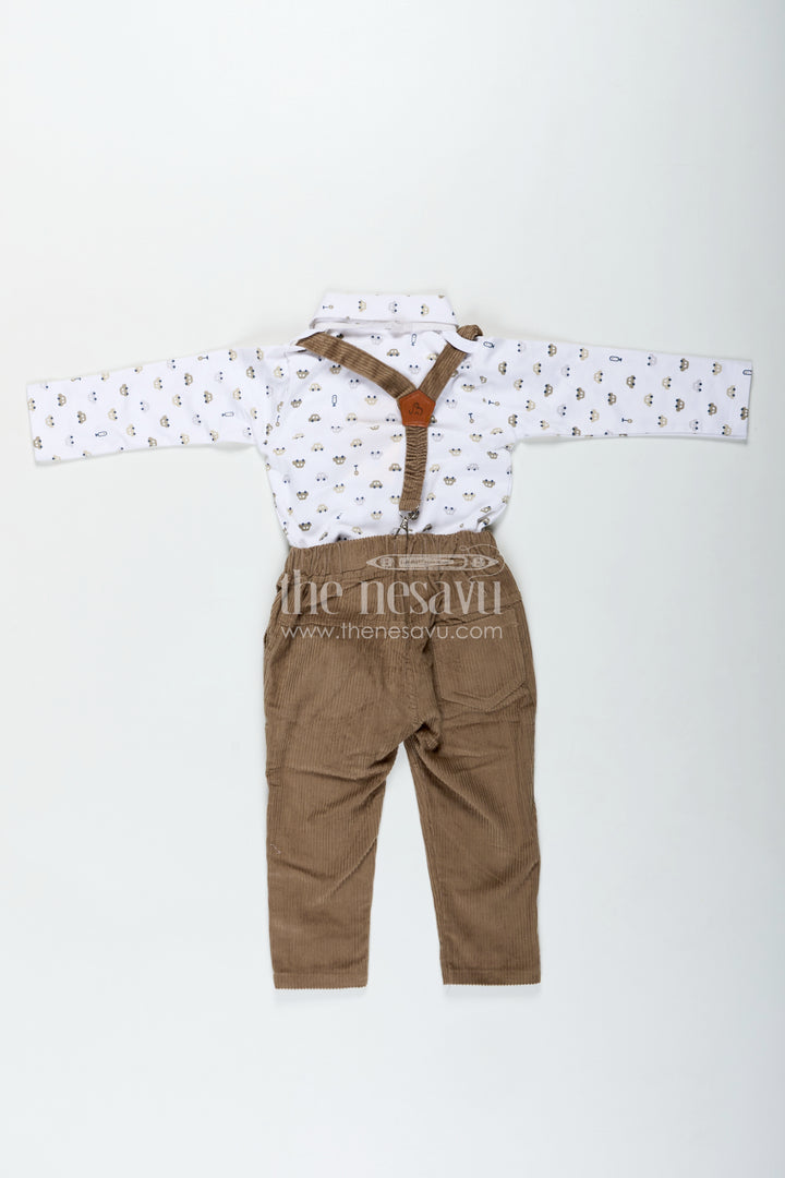 Brown Shirt and Pant Set for Boys in Knitted Cotton Jersey with Corduroy Bottom and Classic Accessories