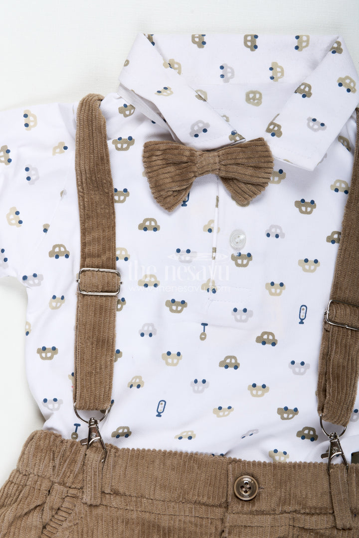 Brown Shirt and Pant Set for Boys in Knitted Cotton Jersey with Corduroy Bottom and Classic Accessories