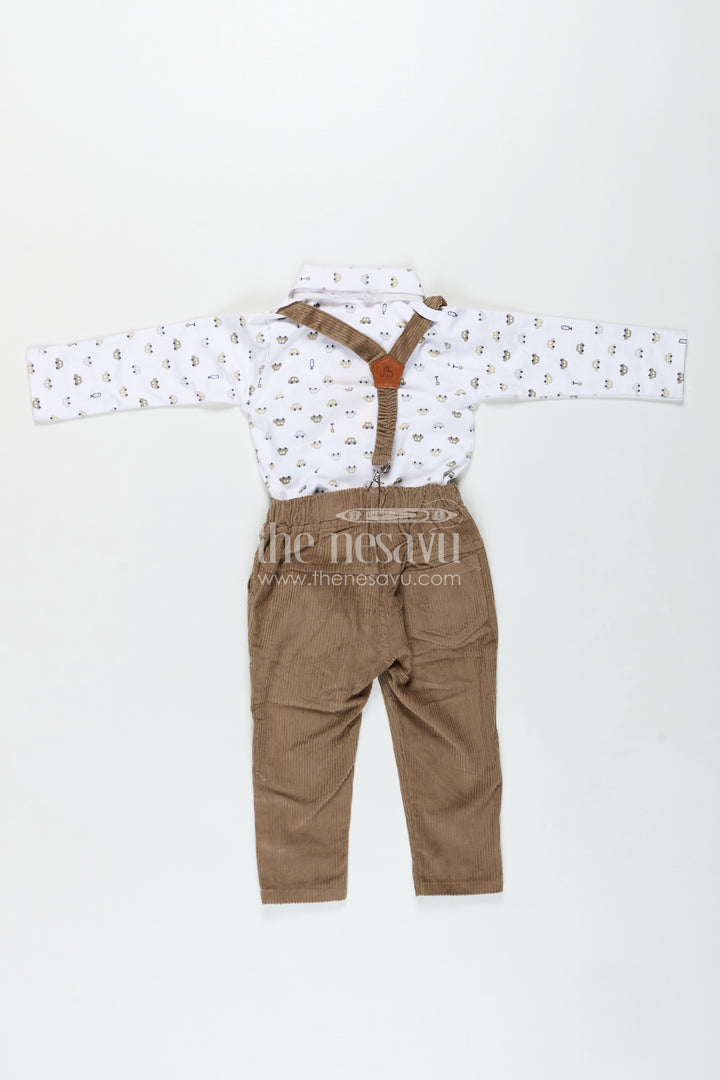 Brown Shirt and Pant Set for Boys in Knitted Cotton Jersey with Corduroy Bottom and Classic Accessories