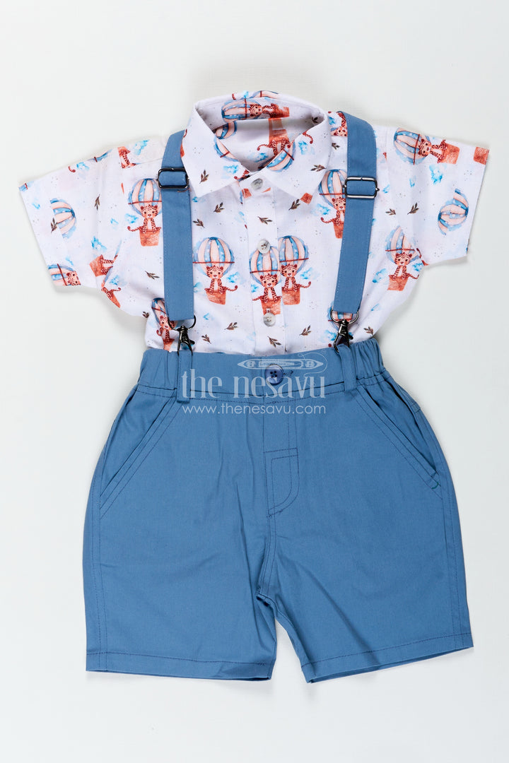 Printed Shirt and Shorts Set for Boys in Cotton with Digital Balloon Print and Coordinated Bow Tie