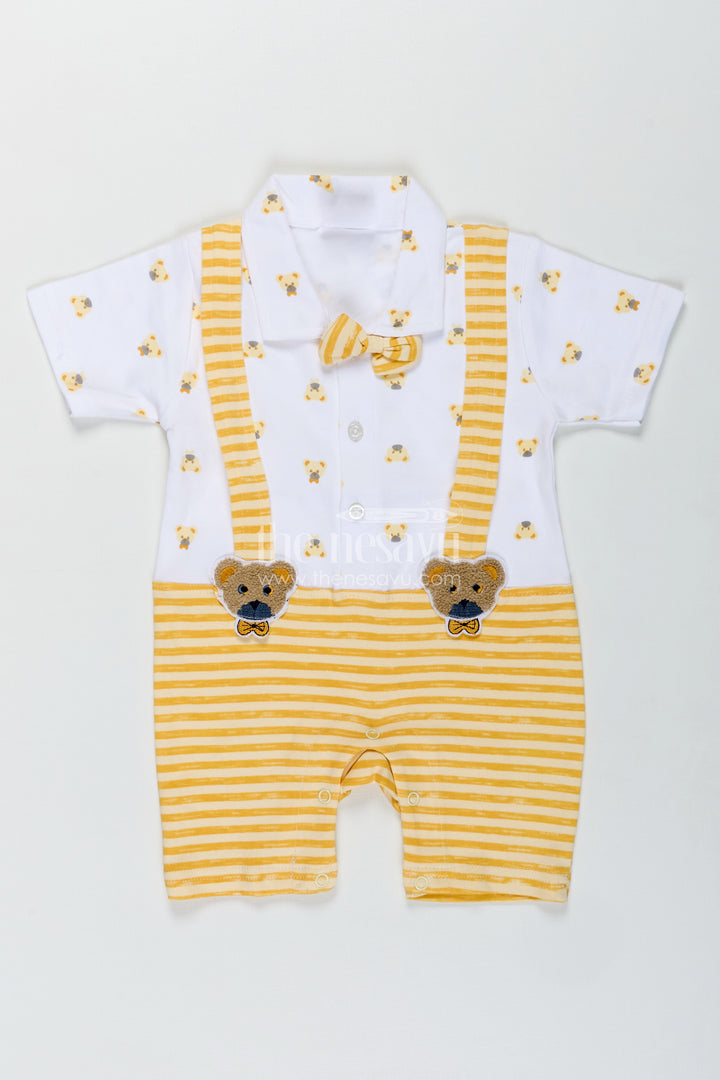 Newborn Boy Romper for Party in Yellow Striped Cotton Jersey with Bear Suspenders and Bow Tie