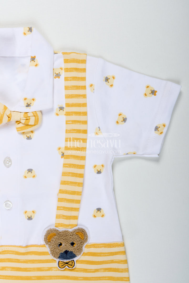 Newborn Boy Romper for Party in Yellow Striped Cotton Jersey with Bear Suspenders and Bow Tie
