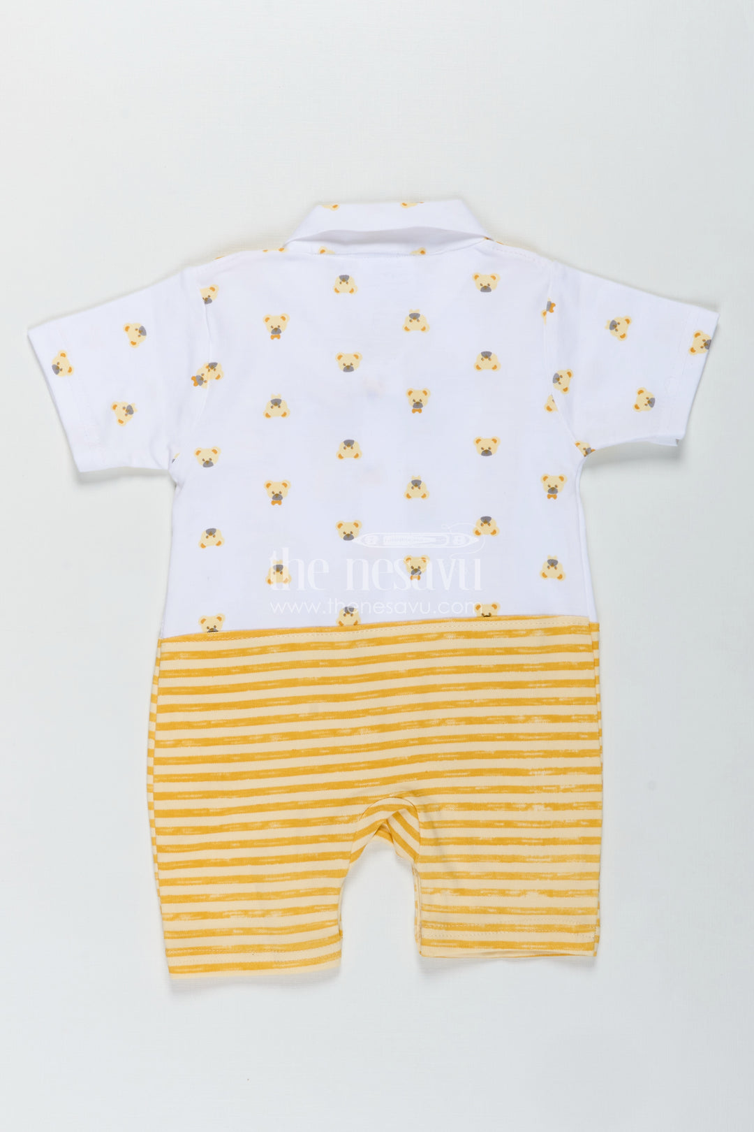 Newborn Boy Romper for Party in Yellow Striped Cotton Jersey with Bear Suspenders and Bow Tie