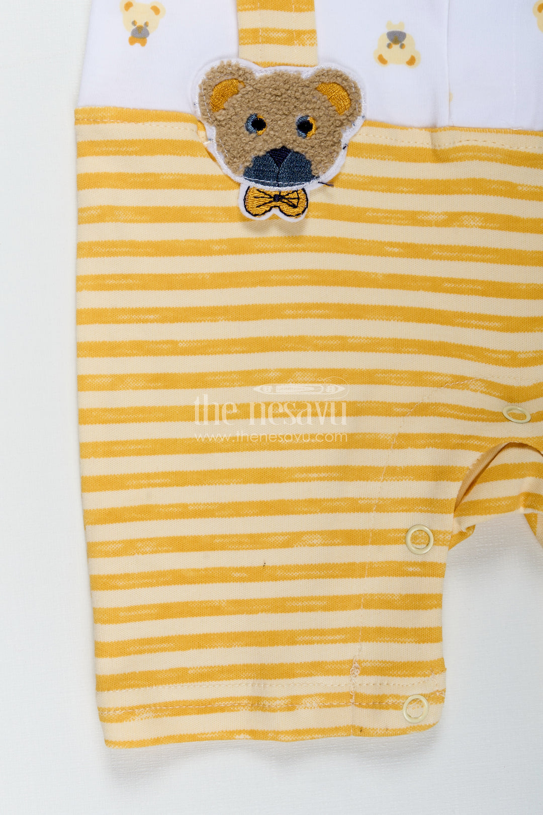 Newborn Boy Romper for Party in Yellow Striped Cotton Jersey with Bear Suspenders and Bow Tie