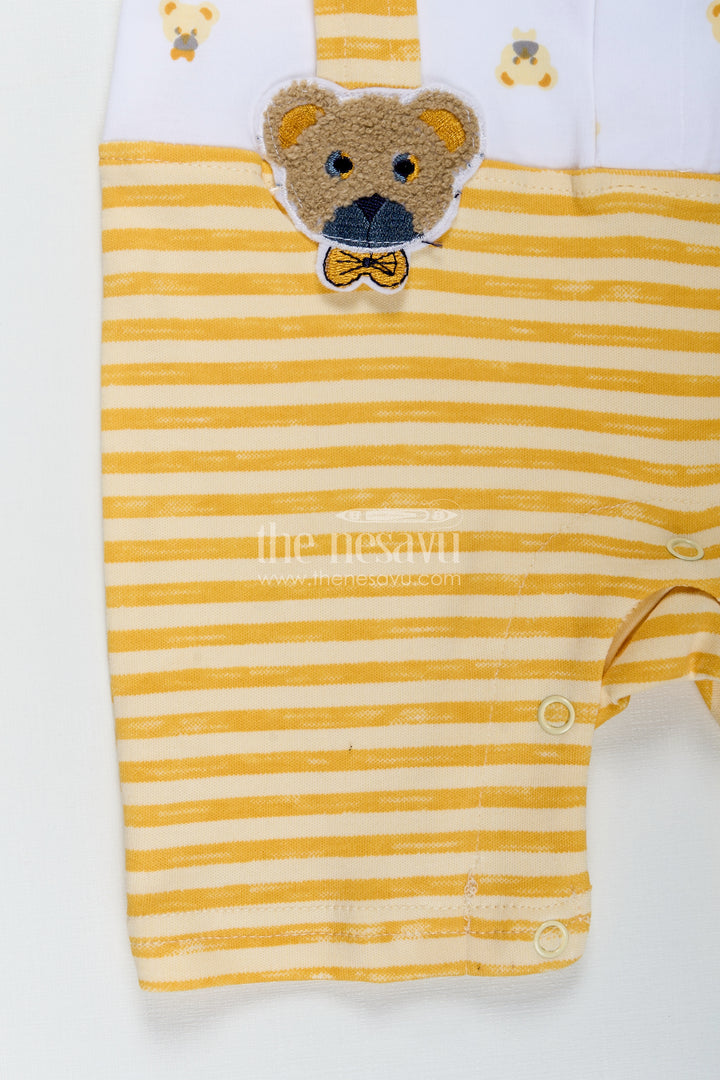 Newborn Boy Romper for Party in Yellow Striped Cotton Jersey with Bear Suspenders and Bow Tie
