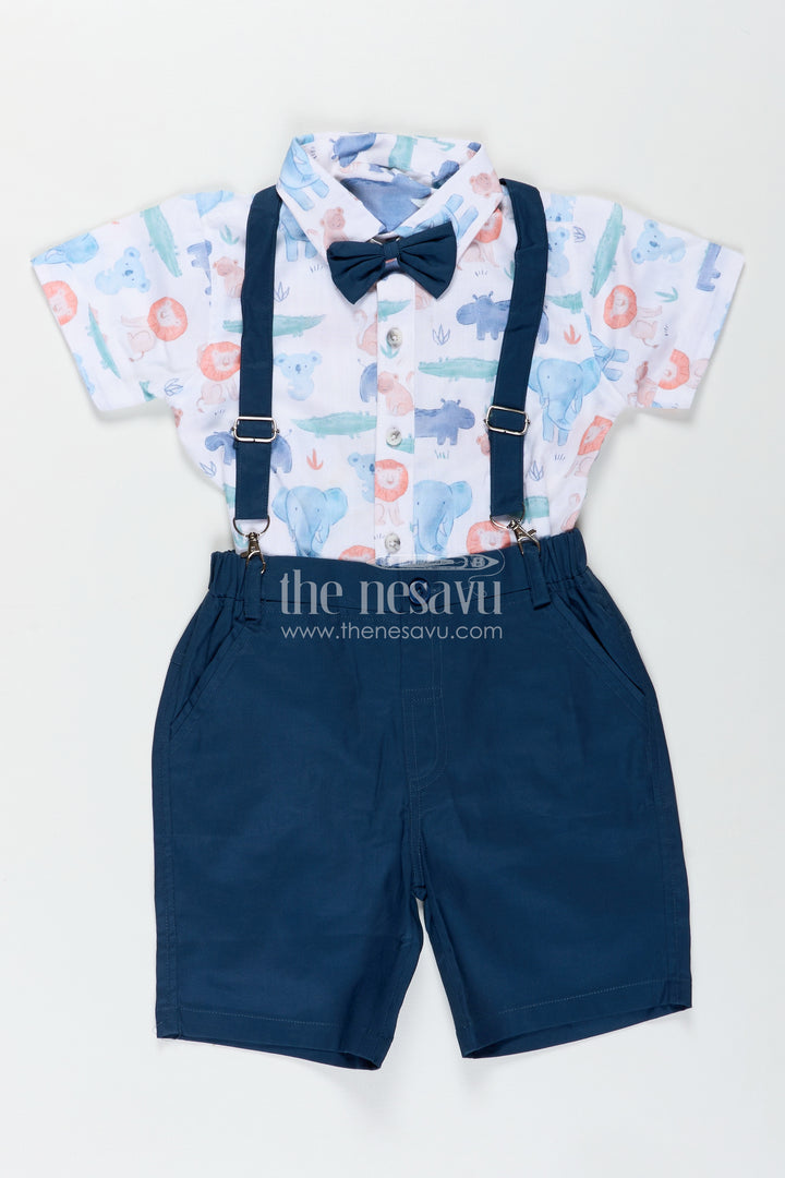 Infant Navy Blue Dress Set for Boys with Animal Printed Cotton Shirt and Coordinated Shorts